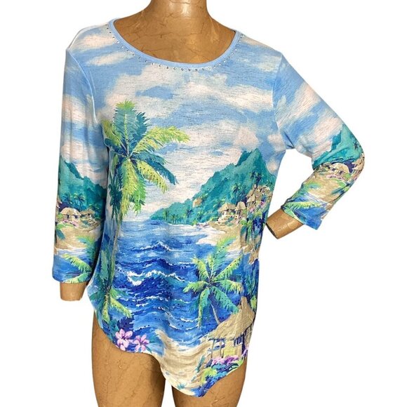 Alfred Dunner Waikiki Hawaii Tropical Top Rhinestone Accents Sz PM #231L - Picture 1 of 8